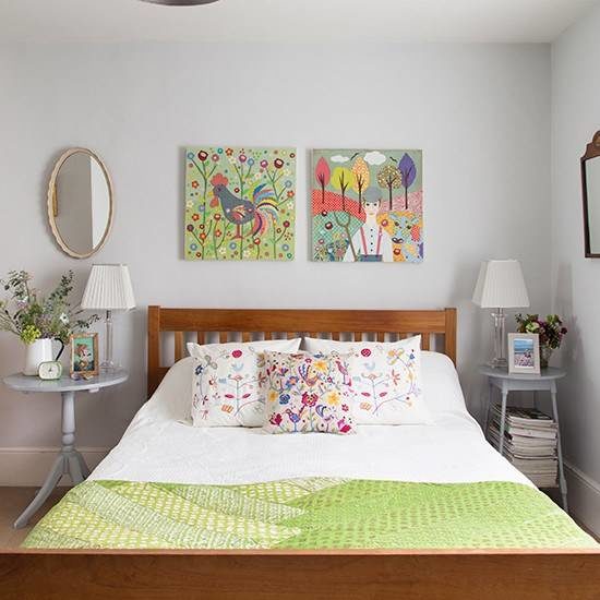 White-bedroom-with-folksy-artworks